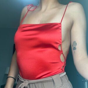 Red Silky Lace-Up Bodysuit